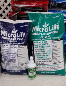 MicroLife Multi-Purpose fertilizer and MicroLife Humates Plus additive.
